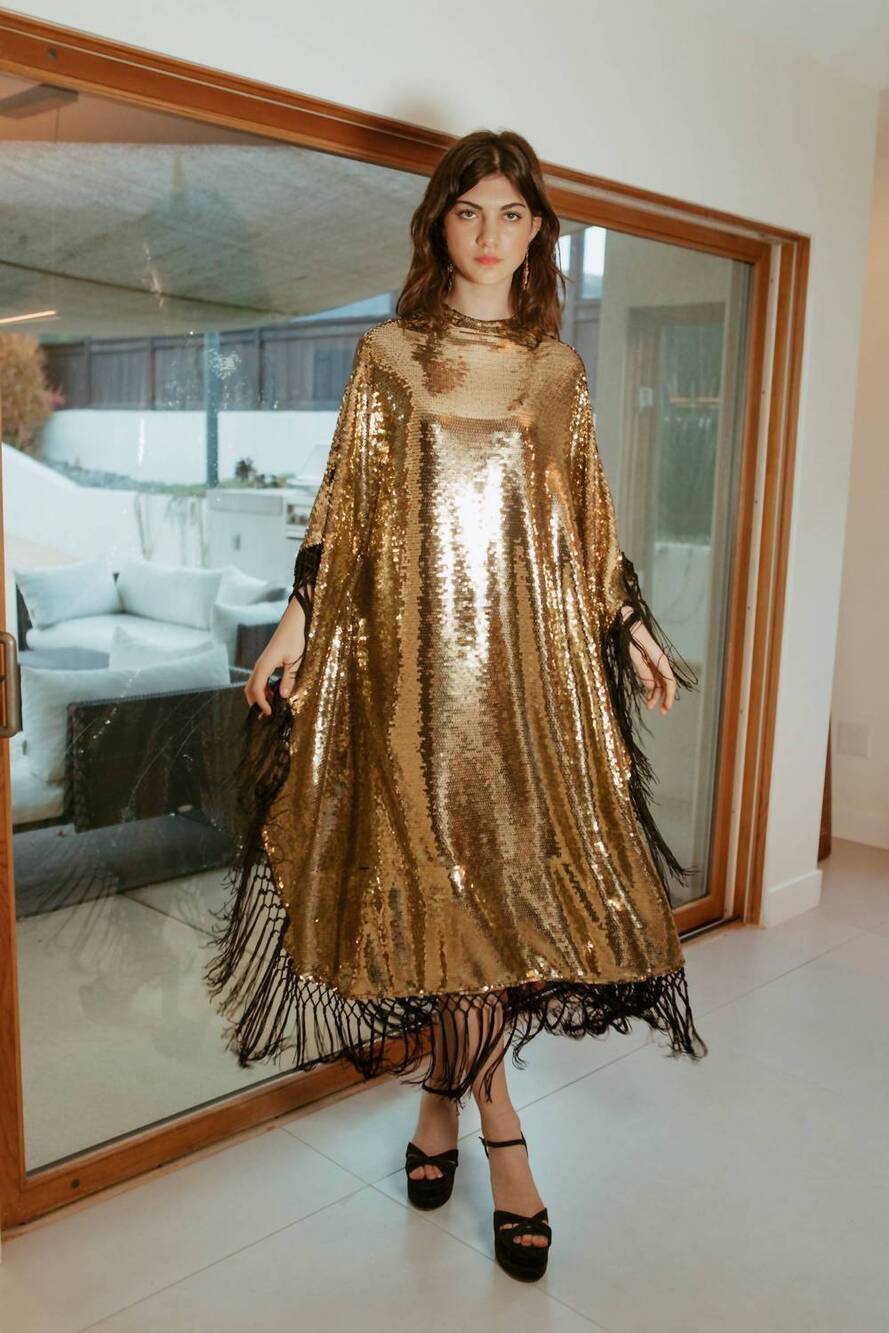 NEW JENNAFER GRACE midnight cabaret mock neck kaftan dress in gold